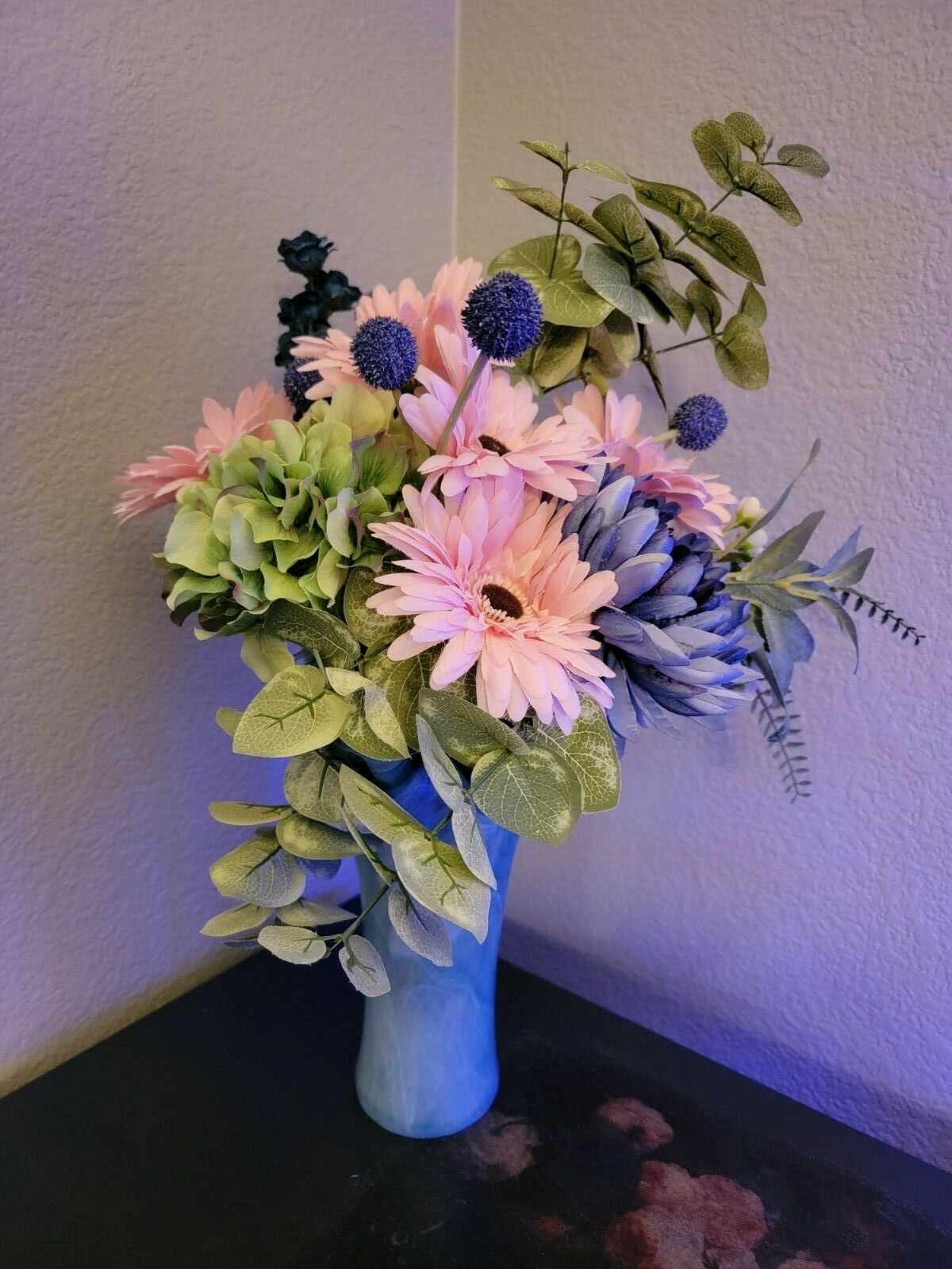 Mixed Artificial Floral Arrangement In a Murano light blue Vase