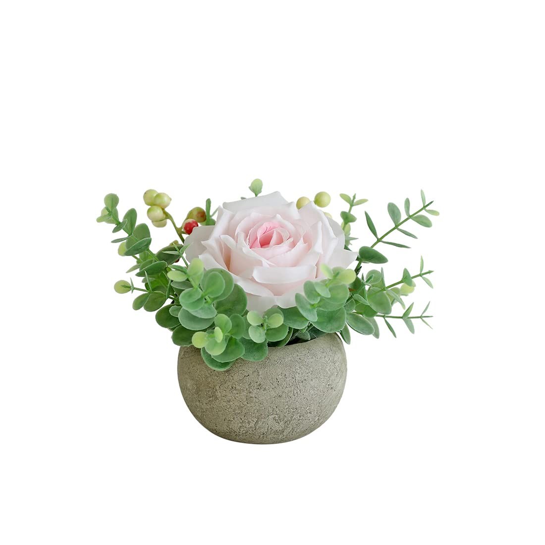 Small Artificial Light Pink Rose Potted Plant, 6″ Fake Silk Flowers in 3.5″ R…