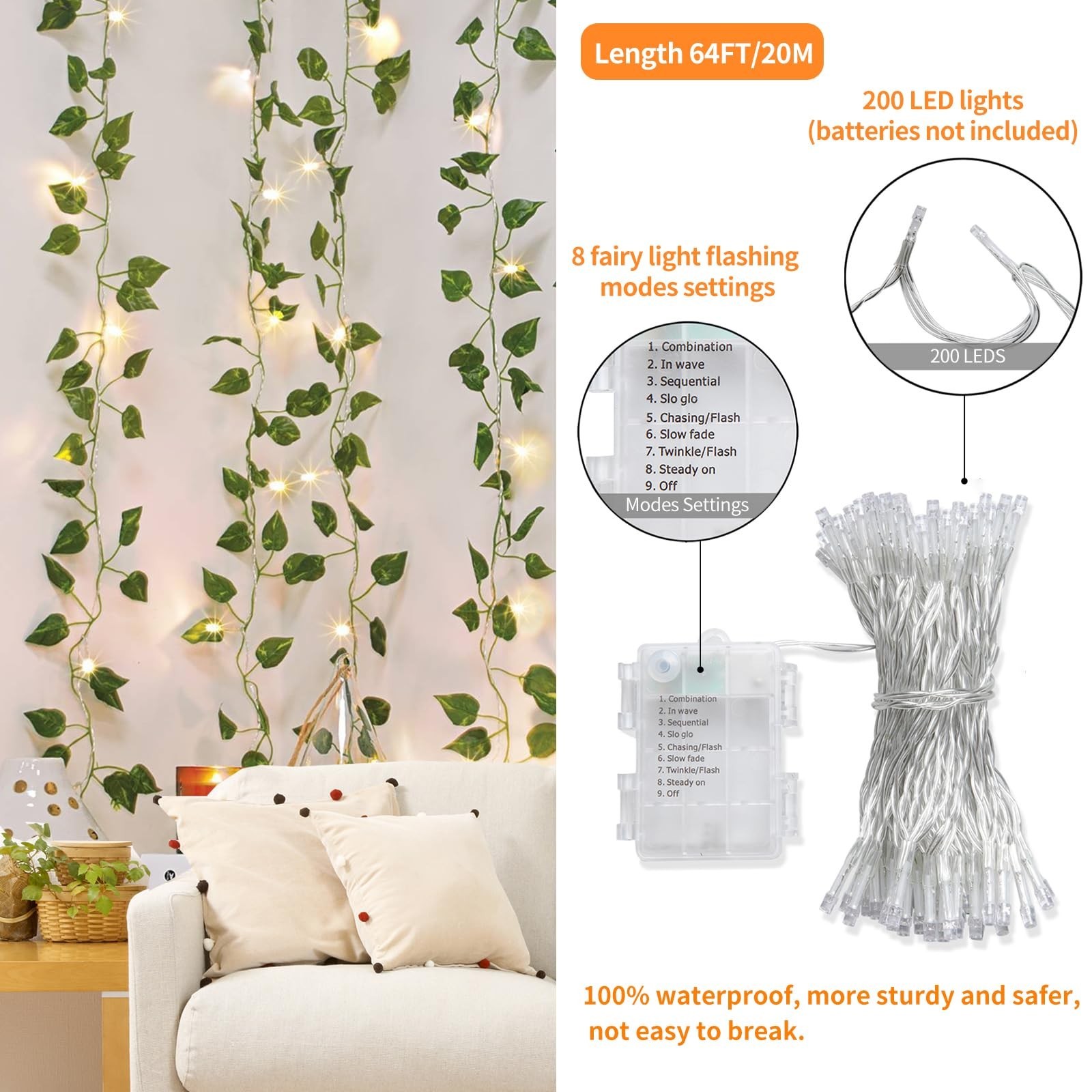24 Pack 173ft Fake Ivy Vines with 200 LED String Lights – Artificial Greenery De