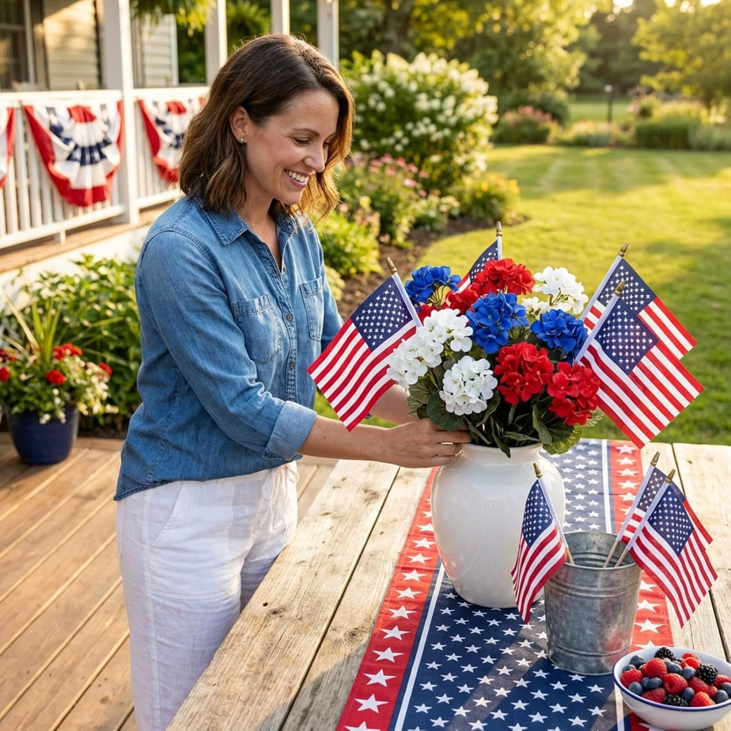 Norme 12 Stems Red White Blue Artificial Flower for Outdoor Porch 4th of July Pa
