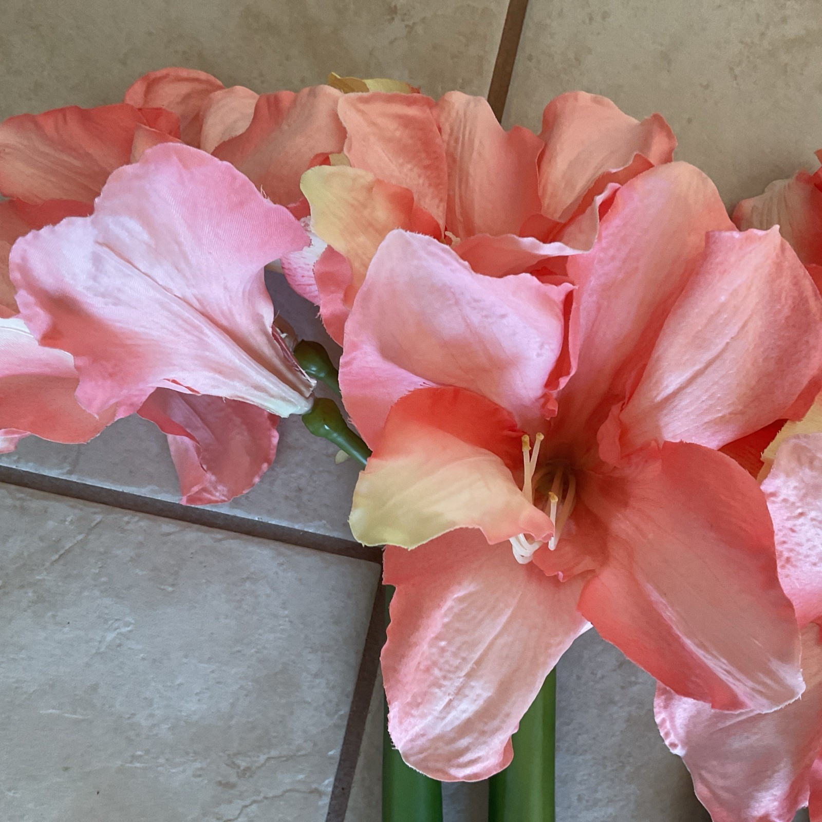 Faux Amaryllis Bundle 6 Stems 3 Blooms On Each Stem Pink Peach