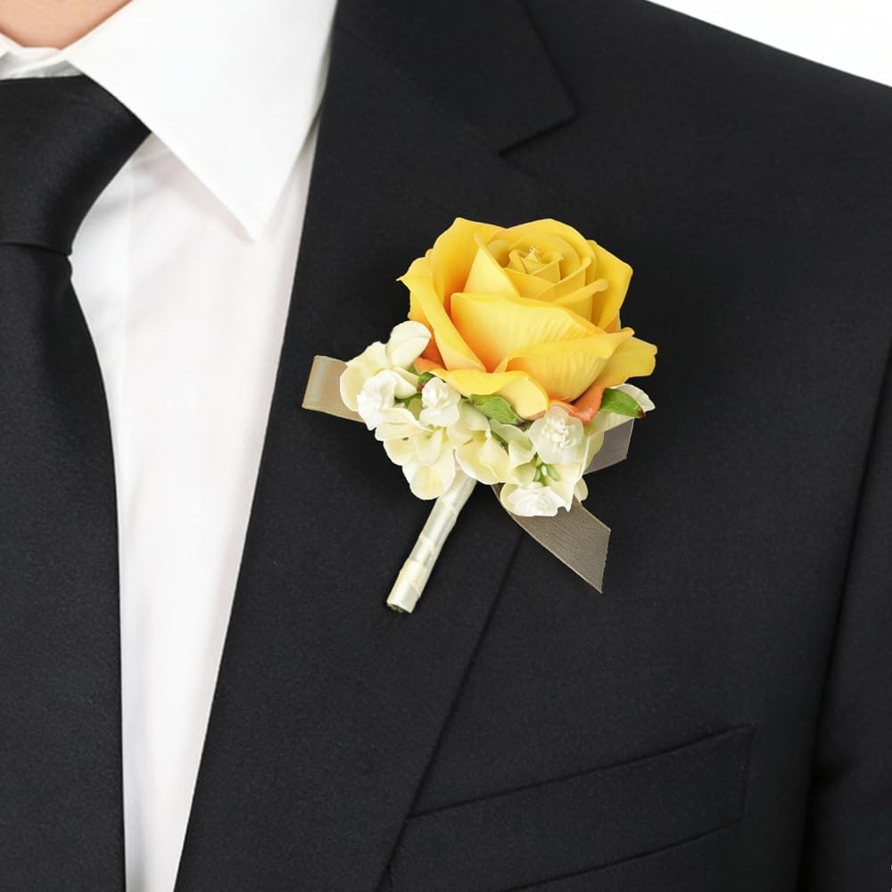 Yellow Rose Corsage Wristlet Boutonniere Set Artificial Flowers Prom 1 PCS