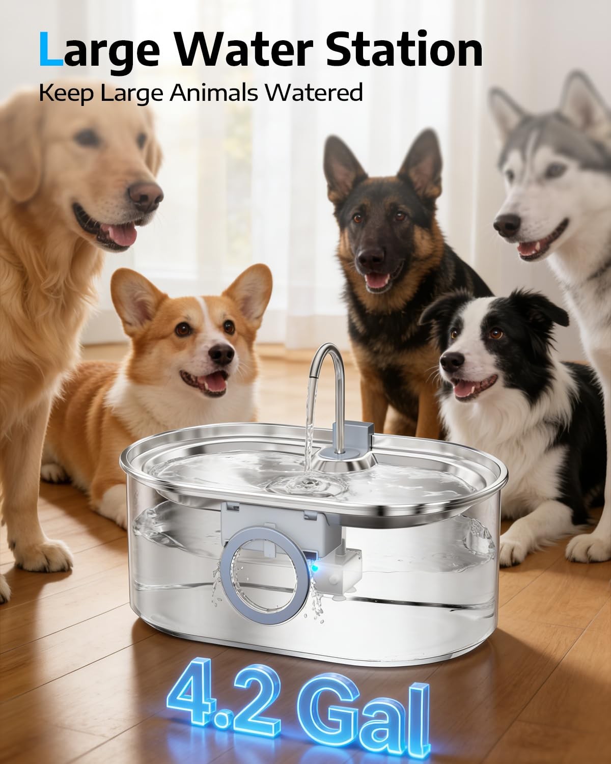 4.2Gal Dog Water Fountain for Large Dogs, Fountain, Silver
