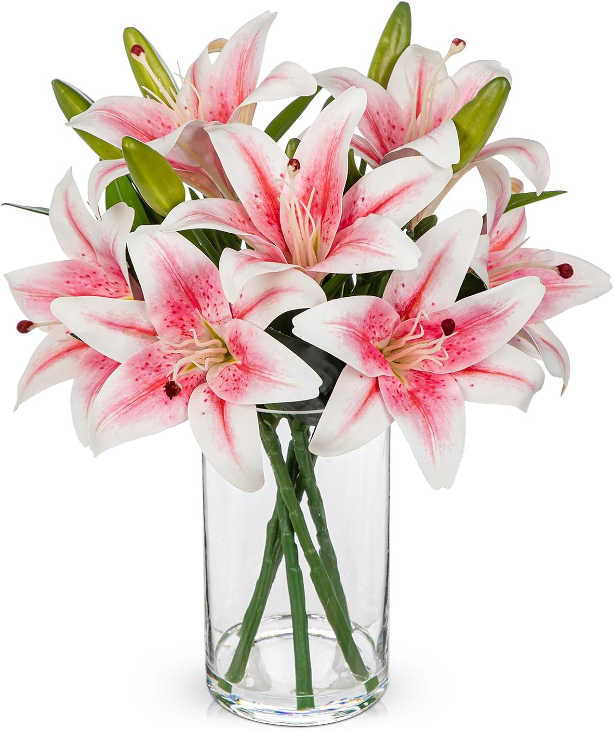 Pink Lilies Artificial Flower Arrangement with Glass Vase for Home Decor