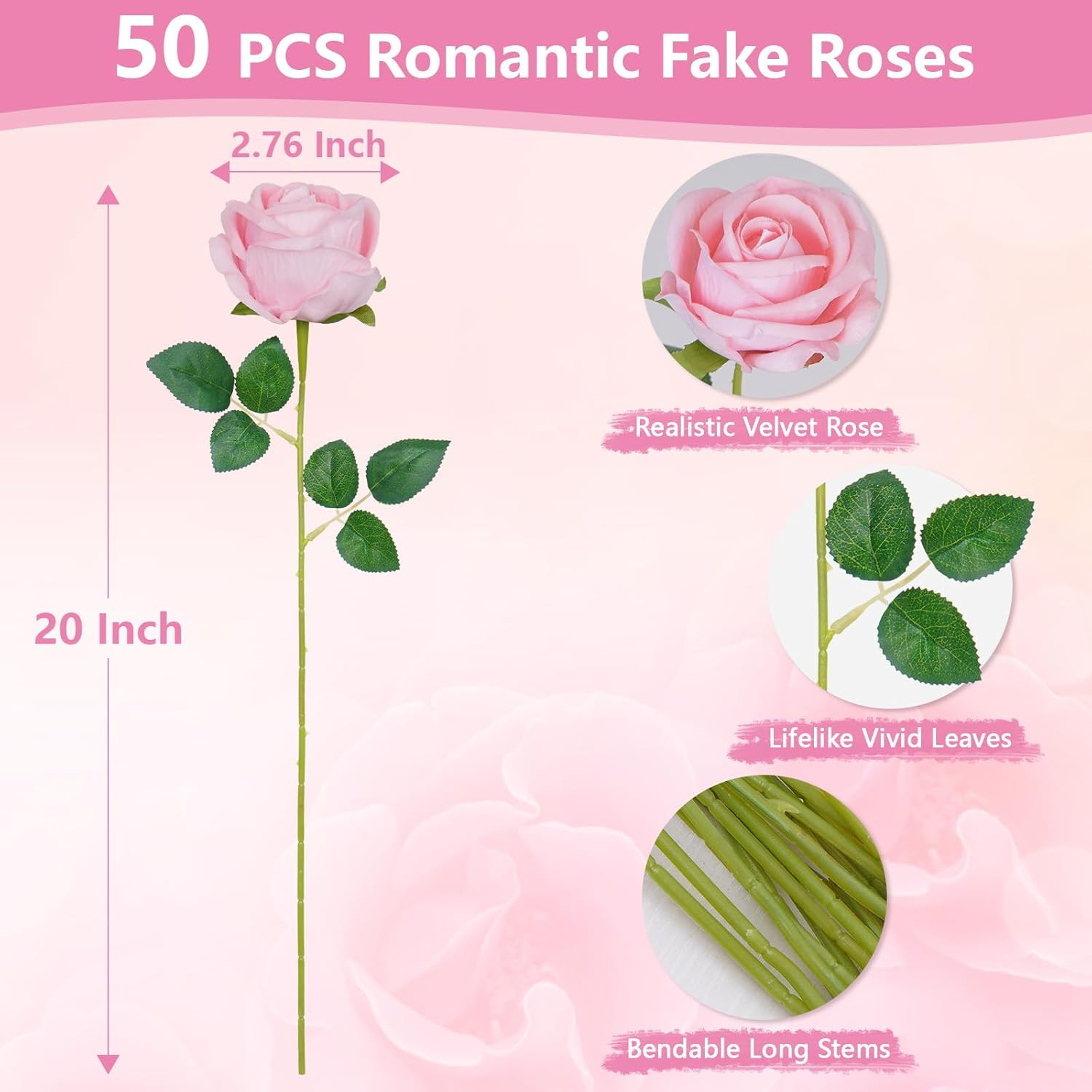 50 Pcs Pink Roses Artificial Flowers, Real Touch Velvet Roses Bouquet Fake Flowe