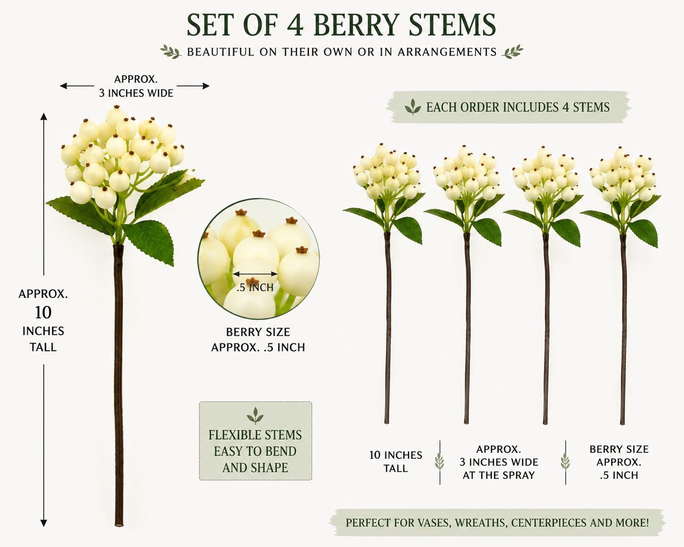 Artificial Ivory Berry Stems Set of 4 Faux White Berry Picks Winter Berry Stems