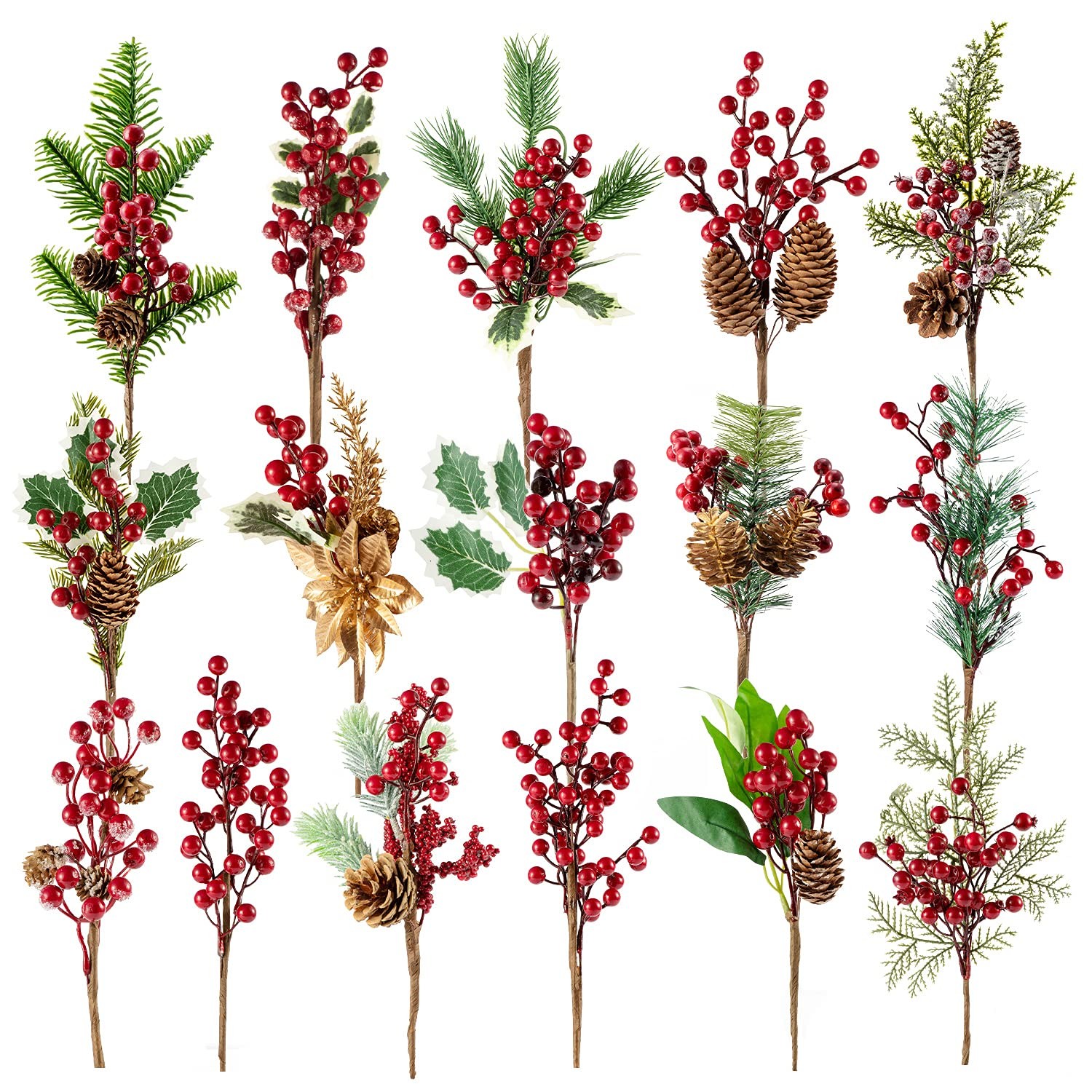 Red Berry Pine Branches 16 Pack 9-14 Inch for Christmas Wreath Decor