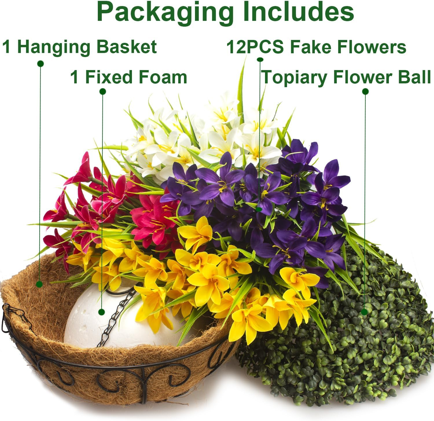 Vibrant UV Resistant Artificial Flowers in Hanging Basket – 12 Colorful Bundles