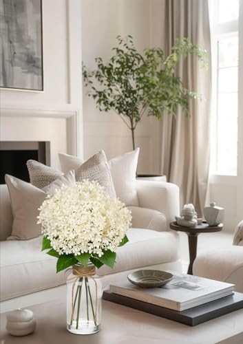 Artificial Hydrangea Flowers in Glass Vase with Faux Water, 13.8″ Fake White