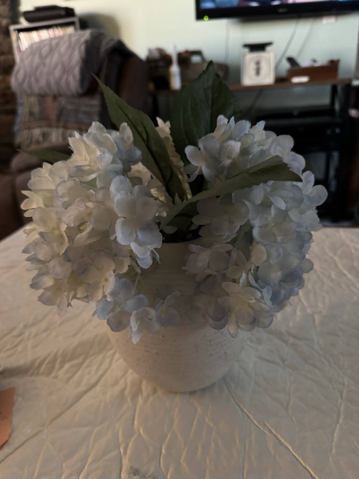 Artificial Light Blue Hydrangea Flowers w/Textured White Vase 3.5” Vase Bottom
