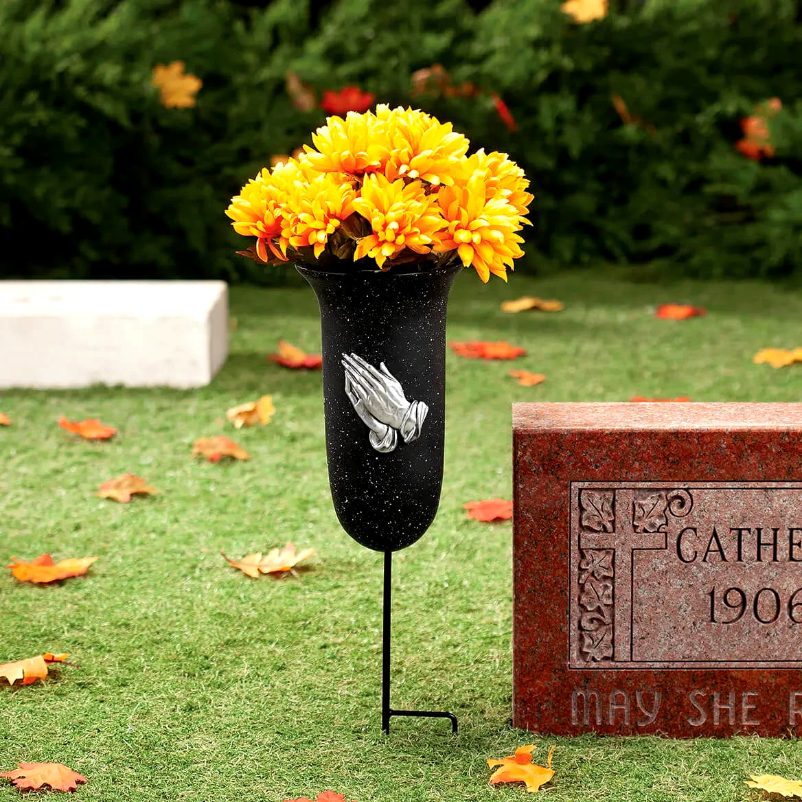 Praying Hands Black Urn Memorial Vase Stake Sculpture Garden Yard Cemetery 20″H