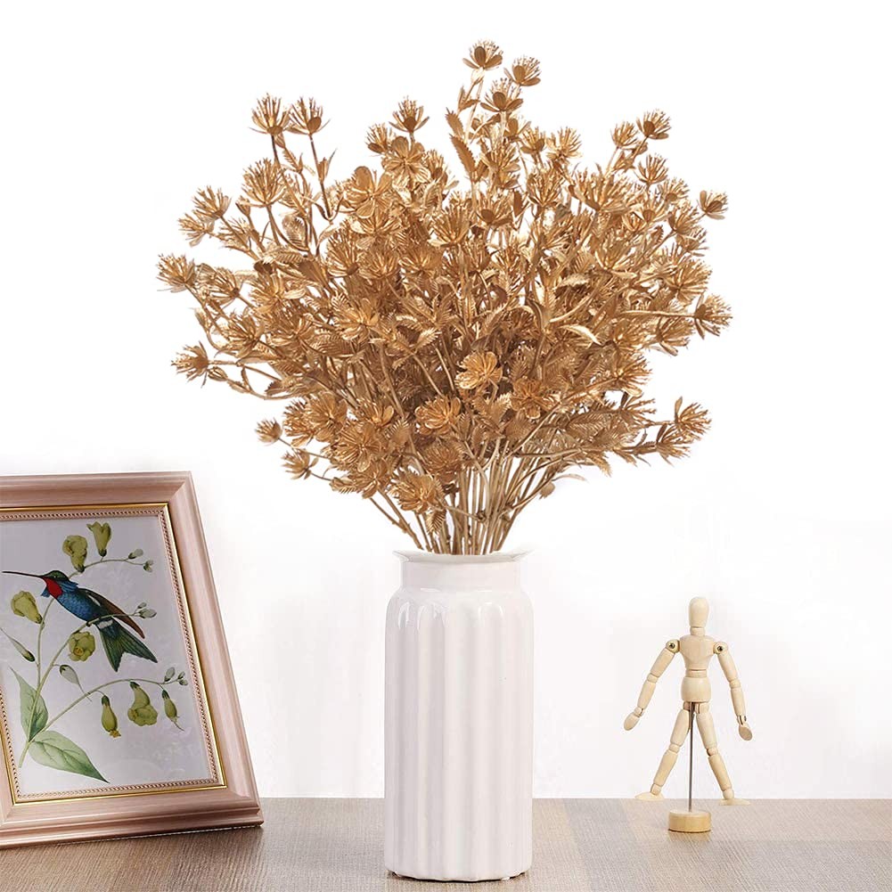 4 PCS Artificial Golden Baby Breath Gypsophila Fake Plant Bush Grass Decor