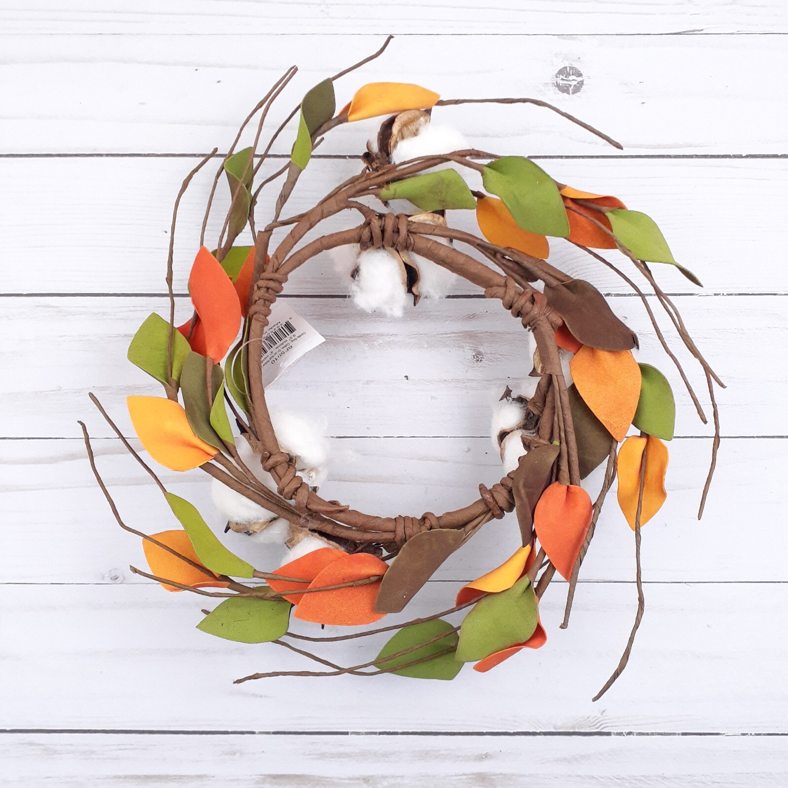 Fall Candle Ring Cotton Leaves 4 in Inside 9.5 in Overall