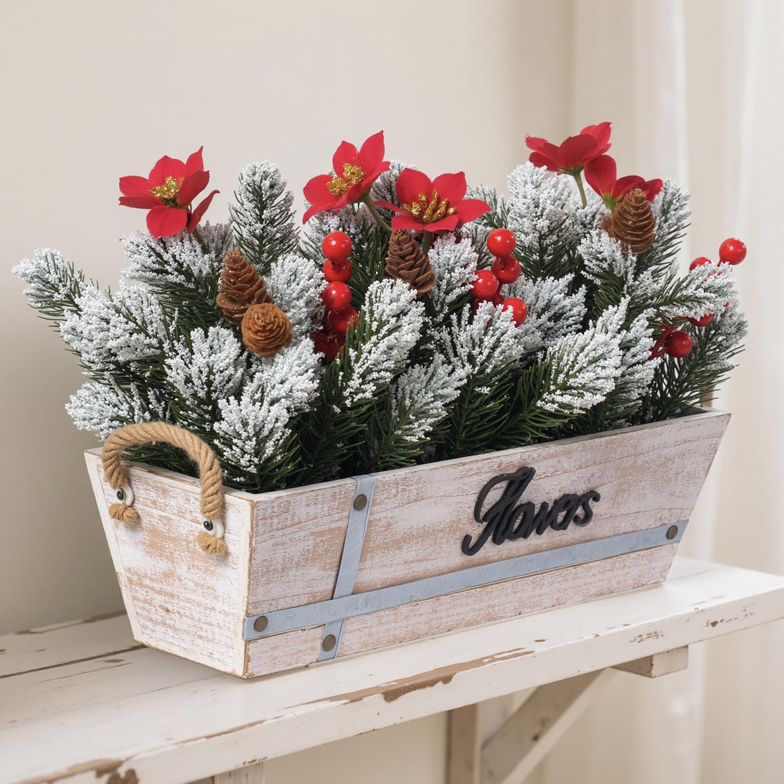 Artificial Christmas Centerpiece with Snowy Norfolk Pine Garland, Poinsettias…