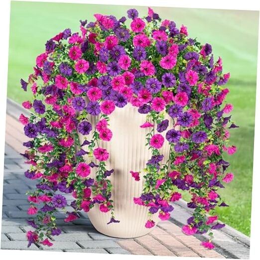 Artificial Hanging Petunias Flowers for Outdoor, 2pcs Dark Purple Light Purple
