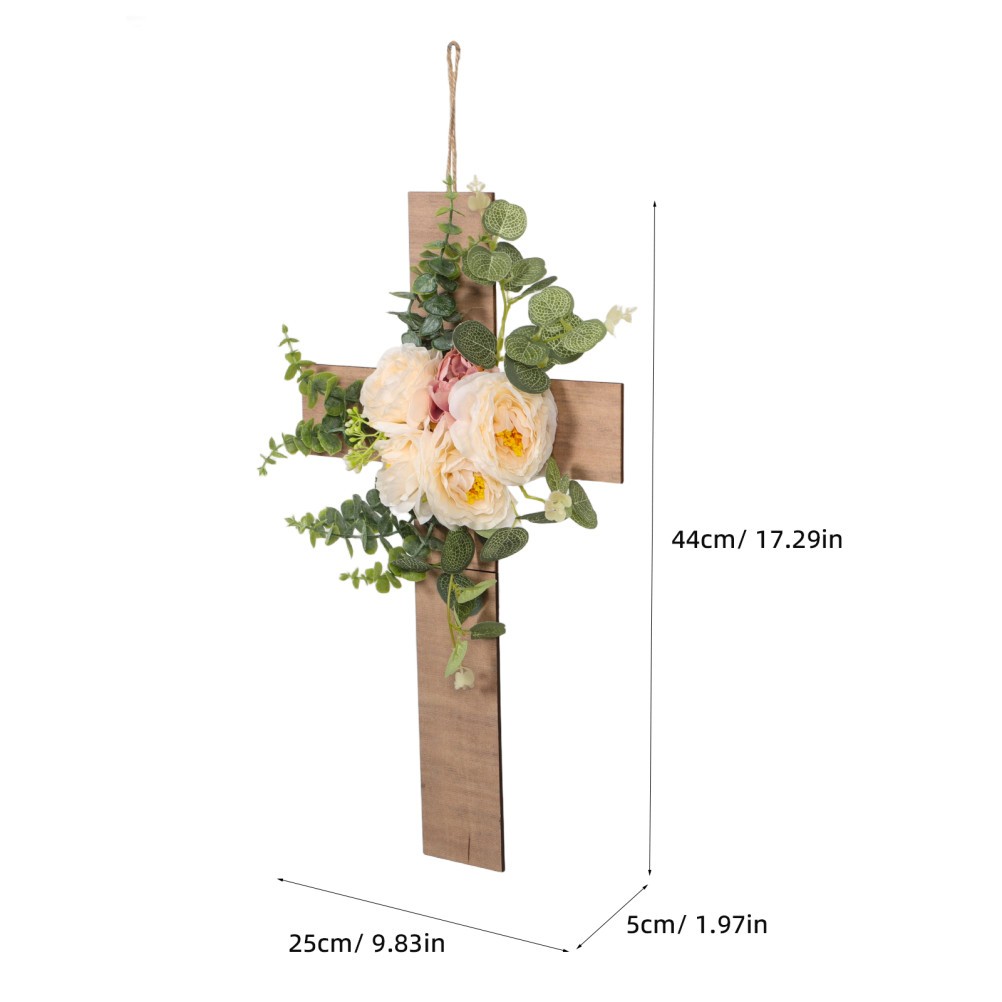 Decorative Wood Cross Wall Hanging with Beige Artificial Flowers Matte Finish