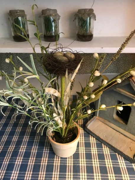 Spring Floral Decor Bird’s Nest Blue Robin Eggs Flower Pot Greenery Centerpiece