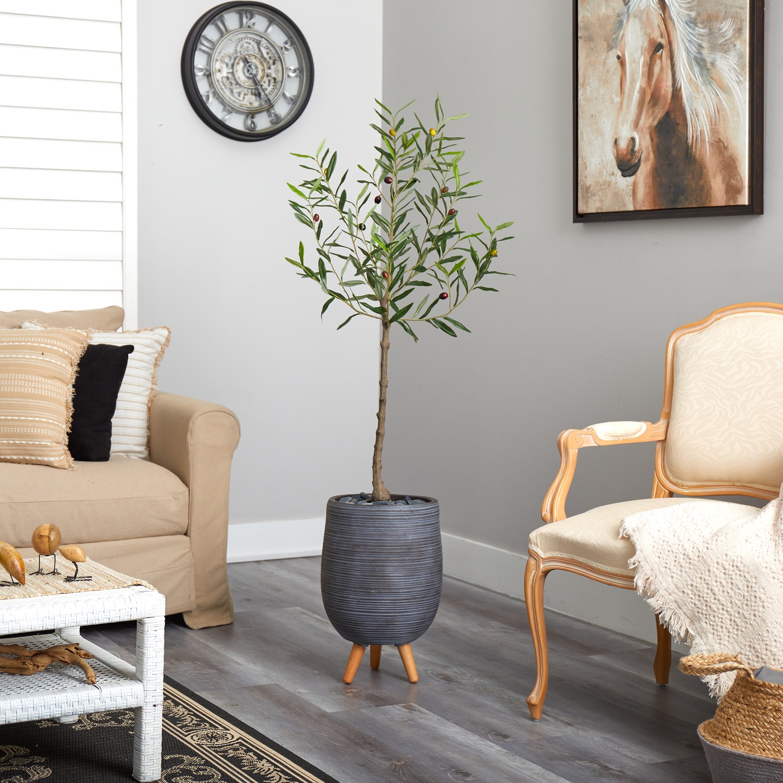 Nearly Natural 4.5ft Olive Artificial Tree in Gray Planter with Stand in Green