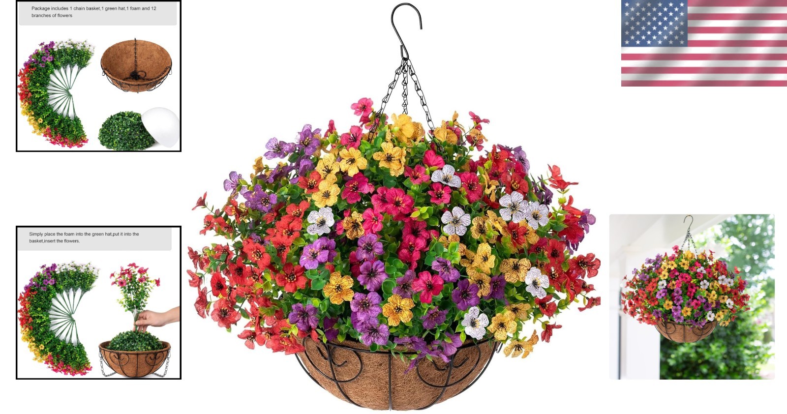 Colorful Faux Hanging Flower Basket with Eucalyptus – Low Maintenance Beauty