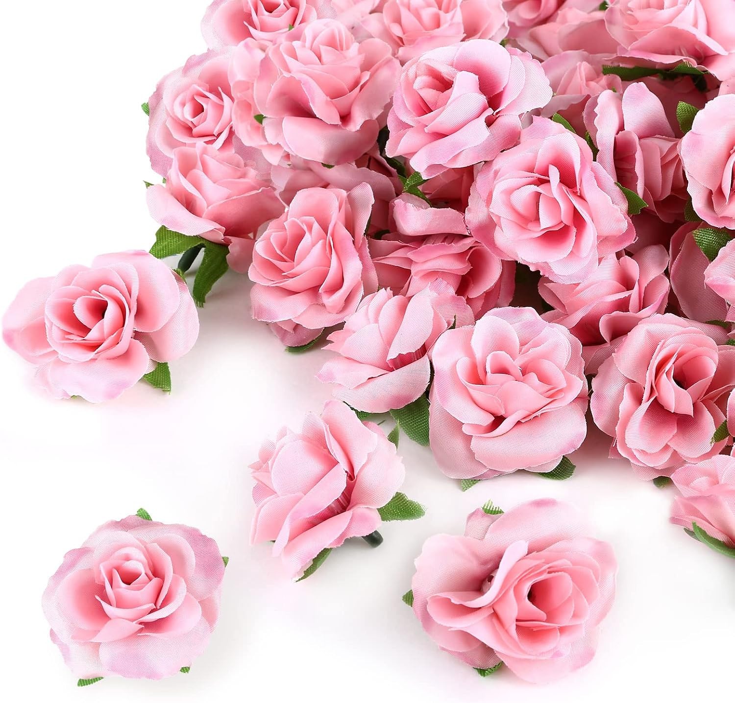 50pcs Pink Roses Artificial Flowers Bulk, 1.6″ Small Silk Fake Roses Flower