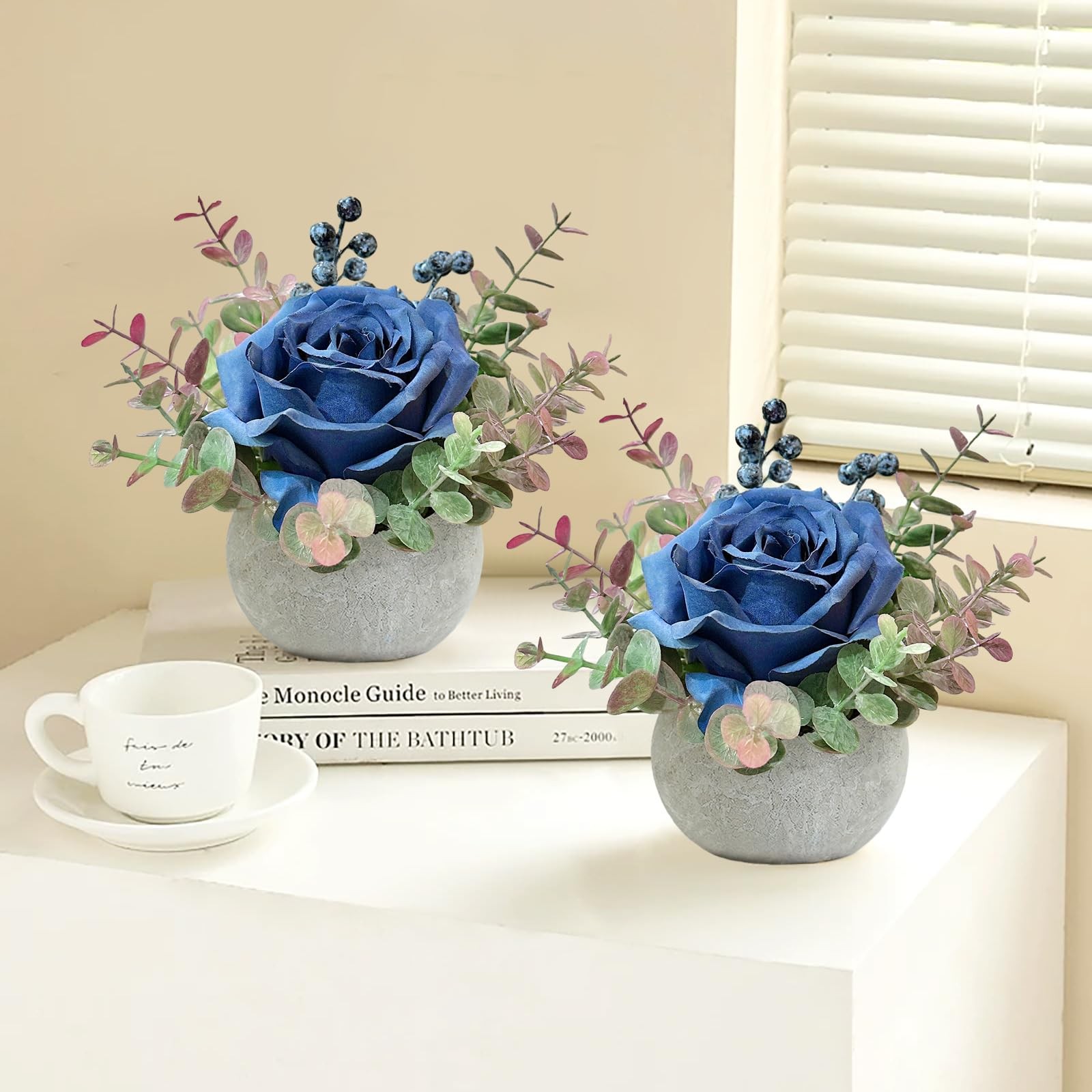 2 Pack Artificial Flowers With Pot Blue Rose Eucalyptus Fake Potted House Plants
