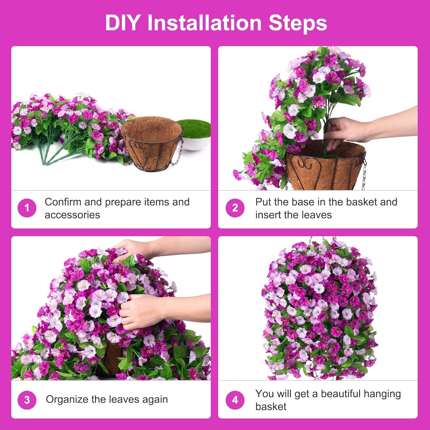 Artificial Flowers with Hanging Basket, Outdoor Faux Plants Silk Morning Glor…