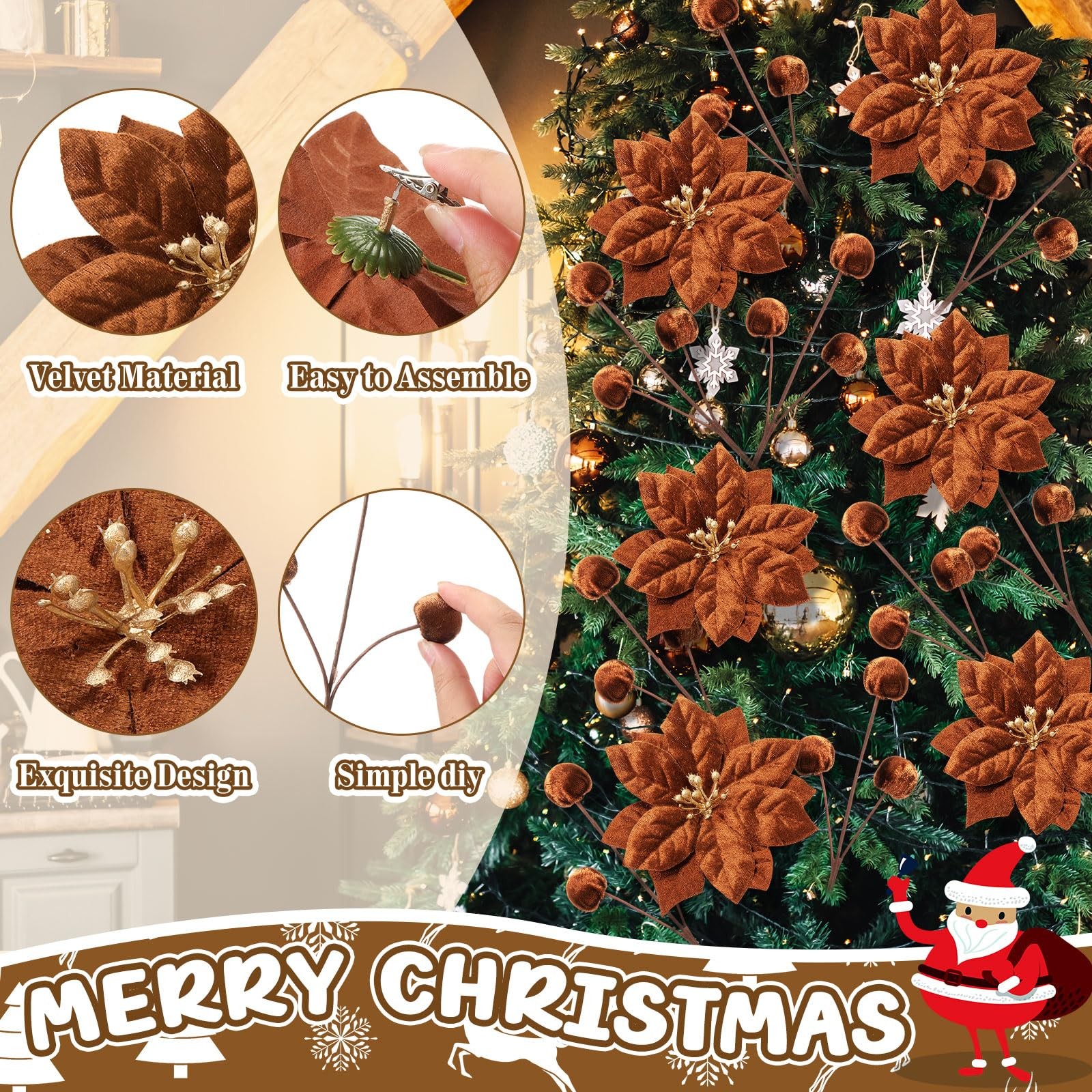 18 Pcs Velvet Christmas Tree Ornament Set Artificial Christmas Poinsettia Flo…