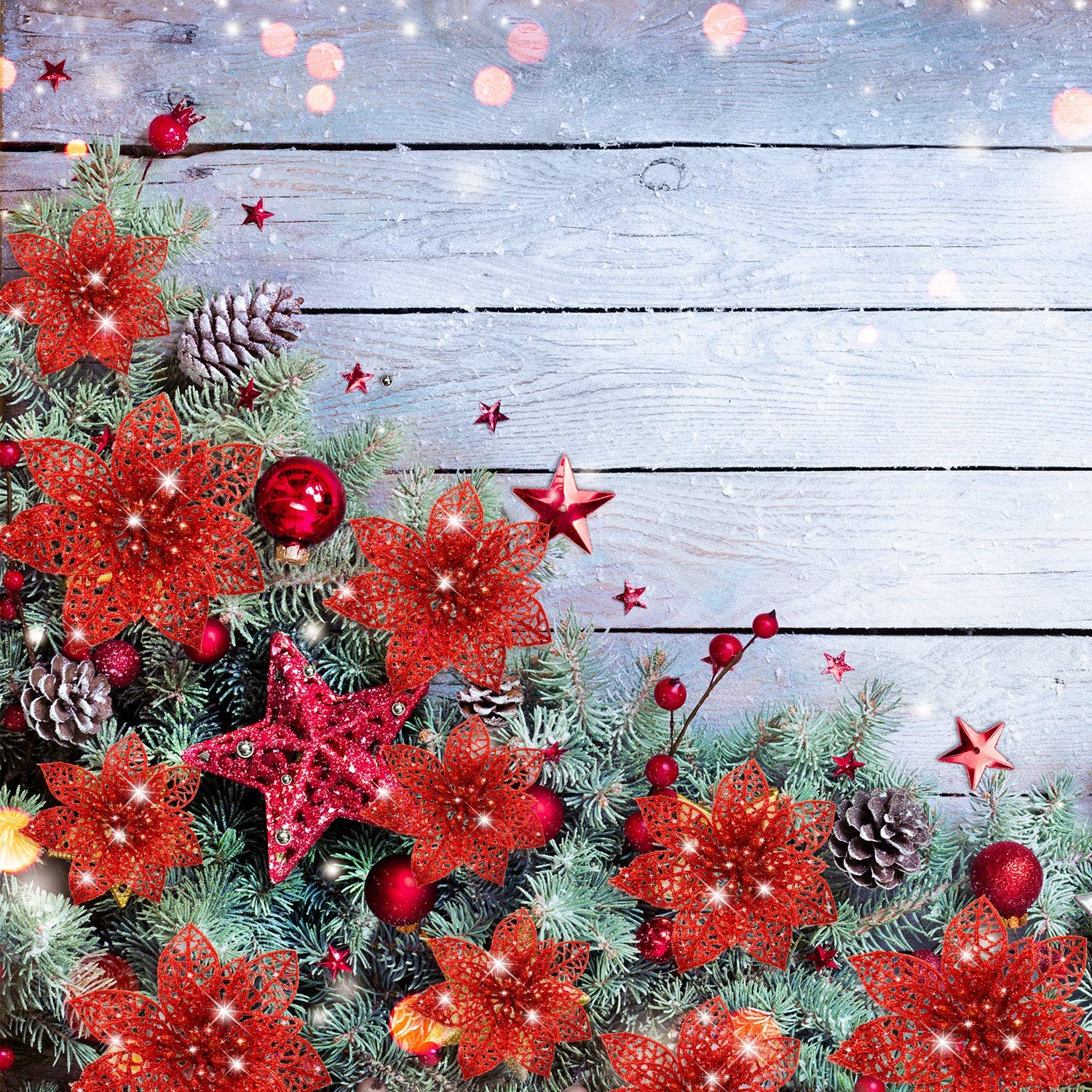 36 PCS Artificial Christmas Poinsettia Flowers Glitter Tree Ornaments Decor