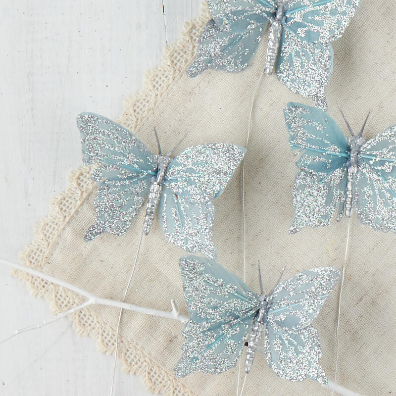 12 Sparkling Blue Feathered 2-3/4″ Butterflies with Silver Glitter