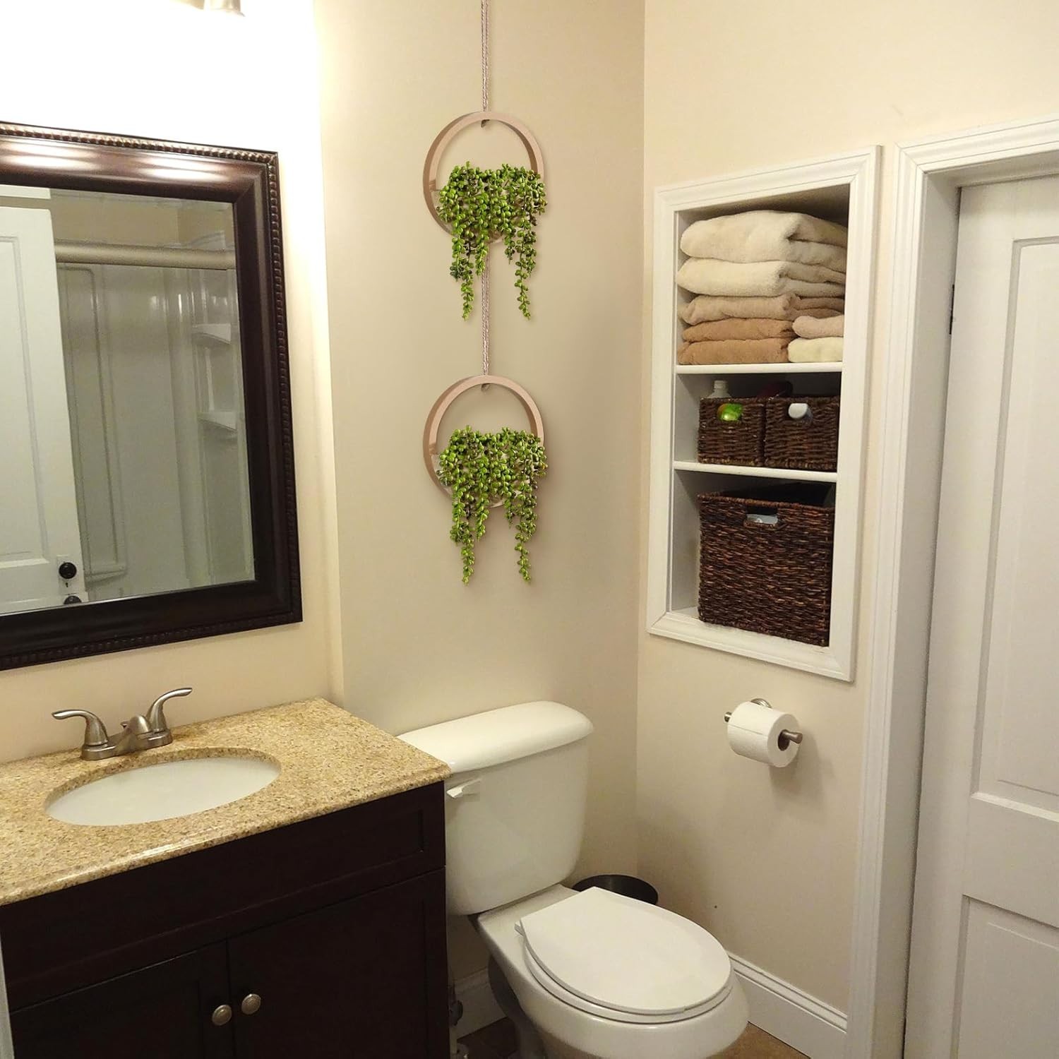 Low-Maintenance Fake Plants – 12.2” Hanging String of Pearls in Wooden Planters