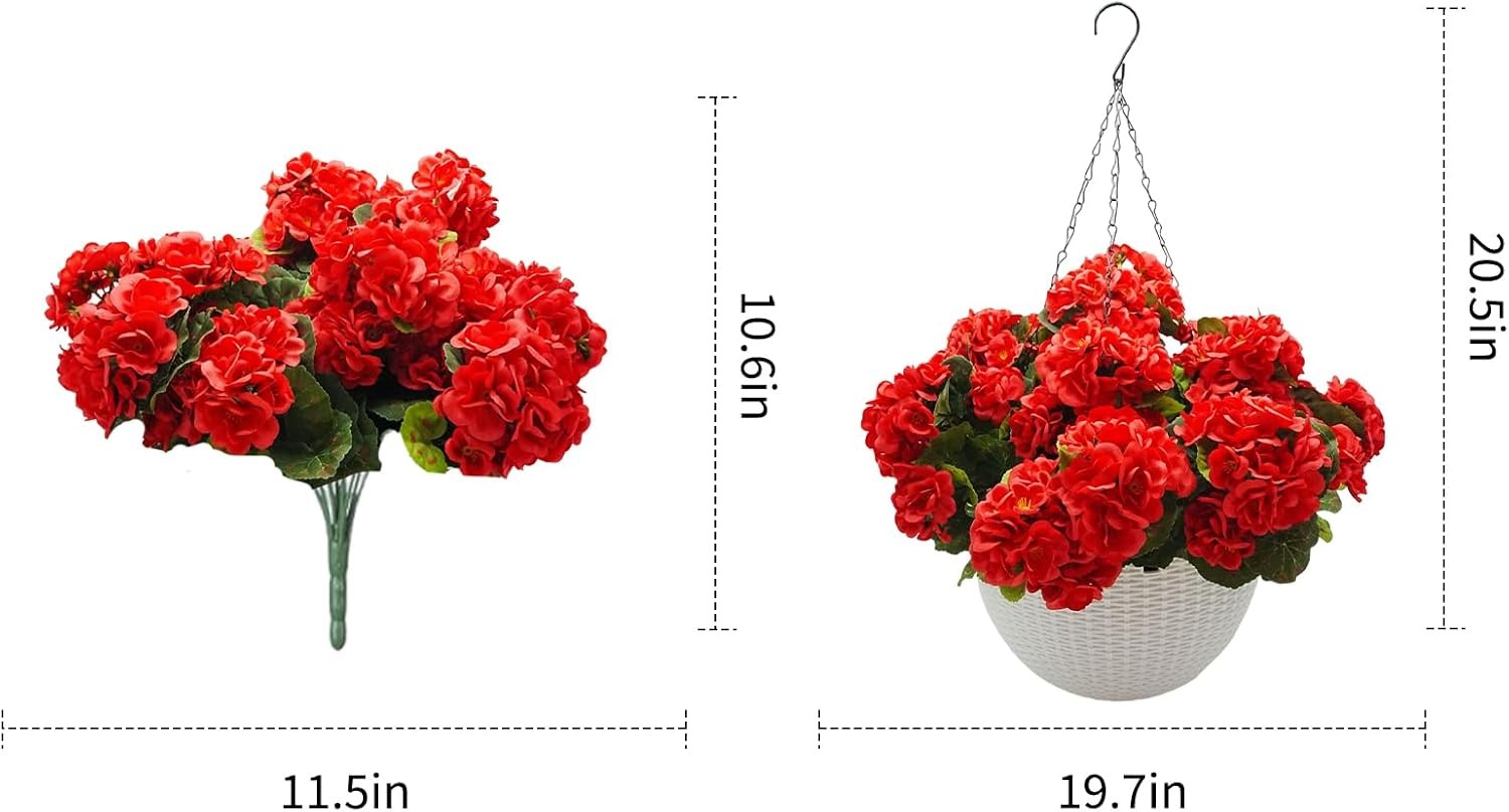 2Pcs Artificial Geranium Hanging Baskets Faux Flowers Indoor Outdoor Display