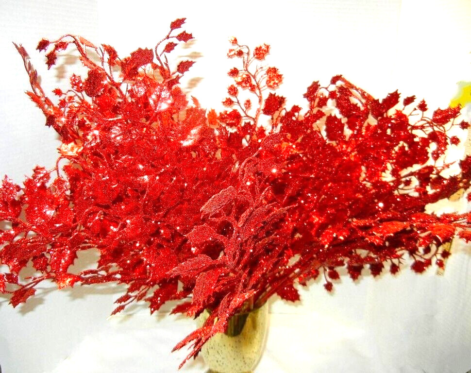 18 Artificial 24″T RED Glittered Oak Leaves Branches Stems Crafts Centerpiece