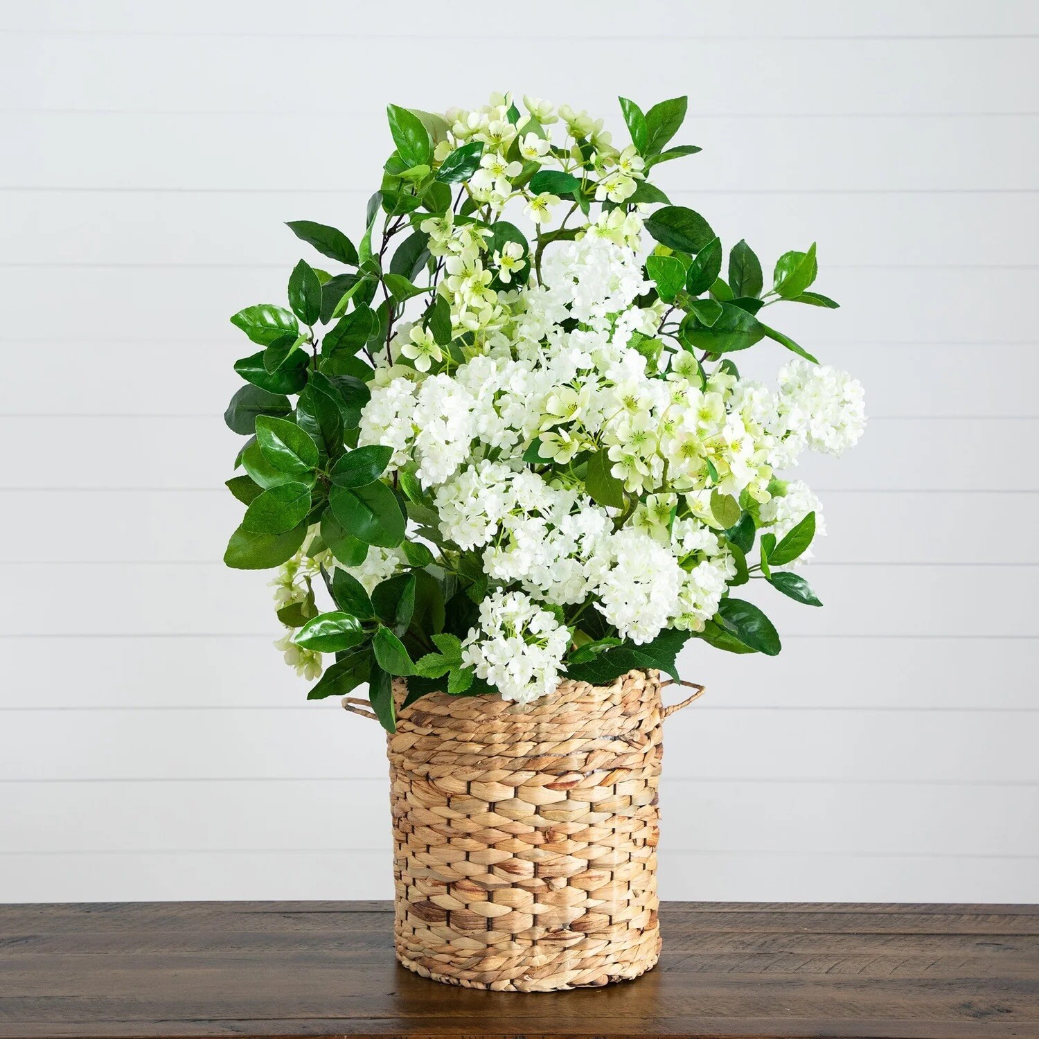 31” Artificial Mixed Flower & Hydrangea Arrangement in Hyacinth Weave Basket