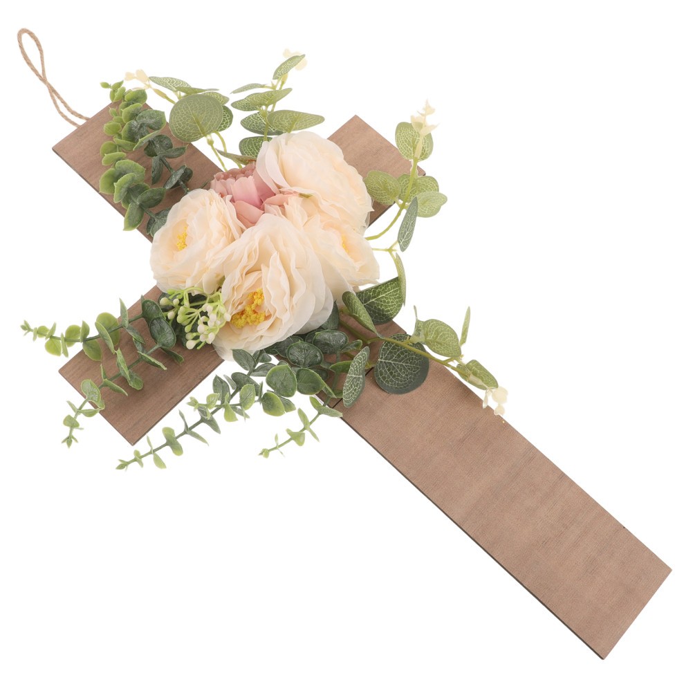 Decorative Wood Cross Wall Hanging with Beige Artificial Flowers Matte Finish