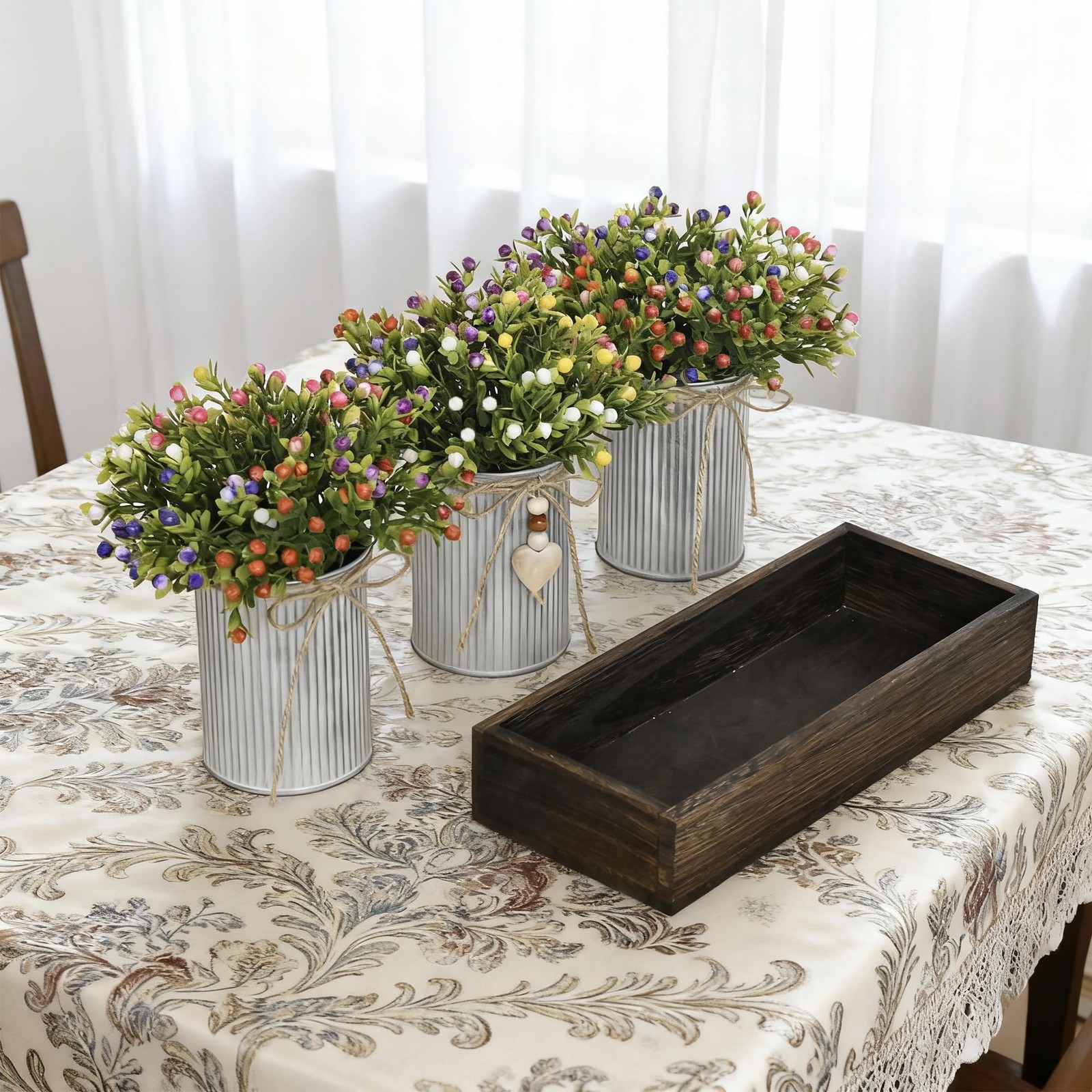 Artificial Milan Flower Bouquet Table Centerpiece 3MetalPot Tray Home Decor