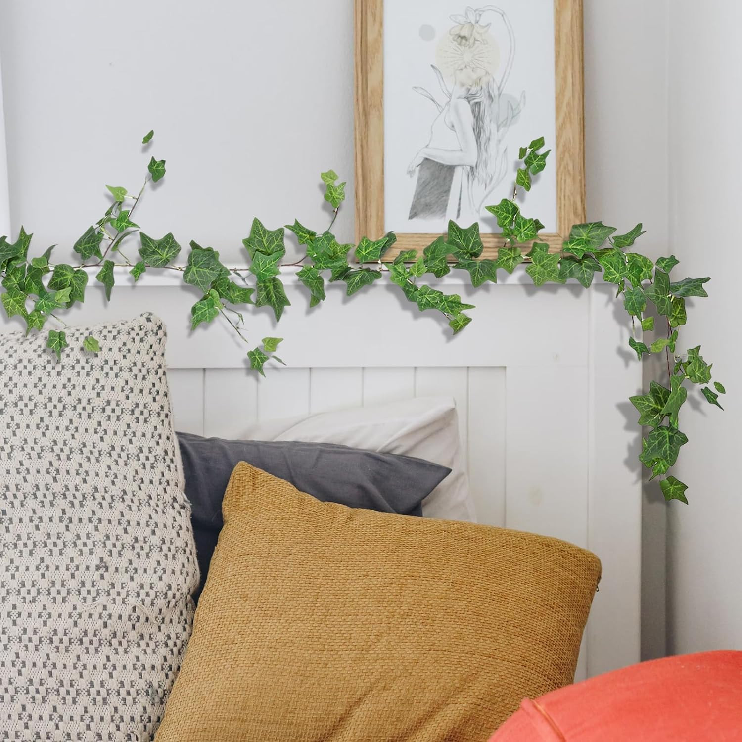 2 Strands Artificial Ivy Vines Garland, Fake Vines for Bedroom with Silk Green L