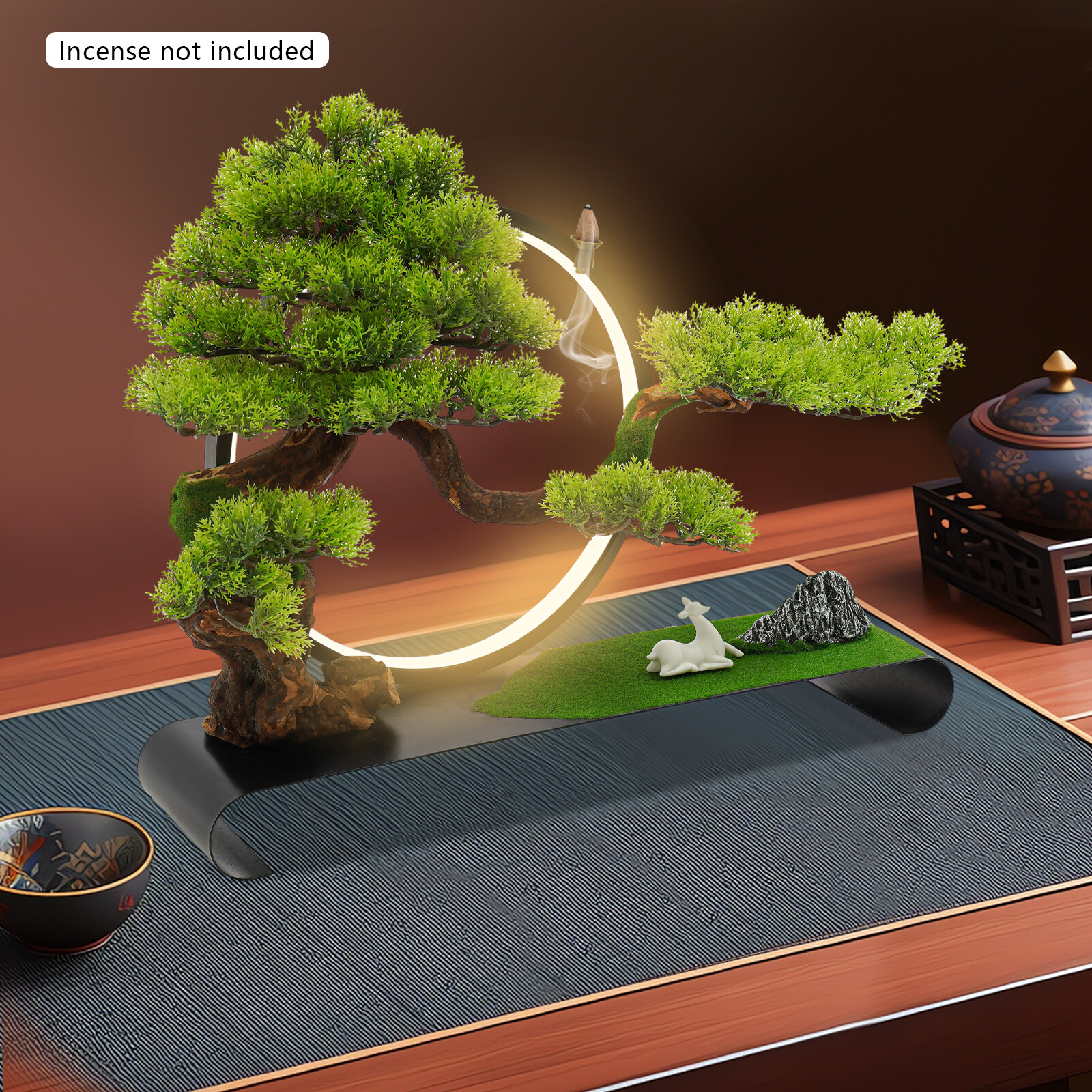 Zen Artificial Pine Tree with Lamp Rings Decoration for Backflow Incense 110V
