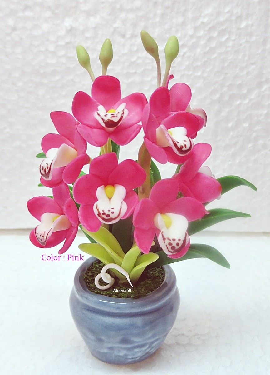US Stock 4″H Handmade Air-Dry-Clay-Crafted Cymbidium Orchid Arranged in Pot