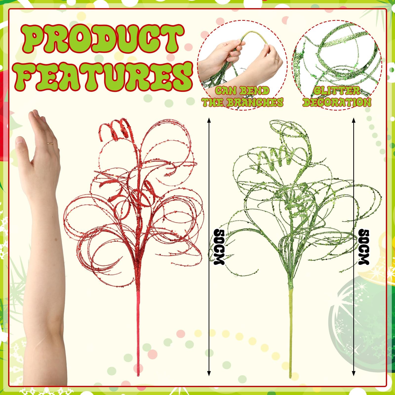 4 Pcs Glitter Christmas Picks Ting Curly Branches Stems Ornaments 20 Inch Red…