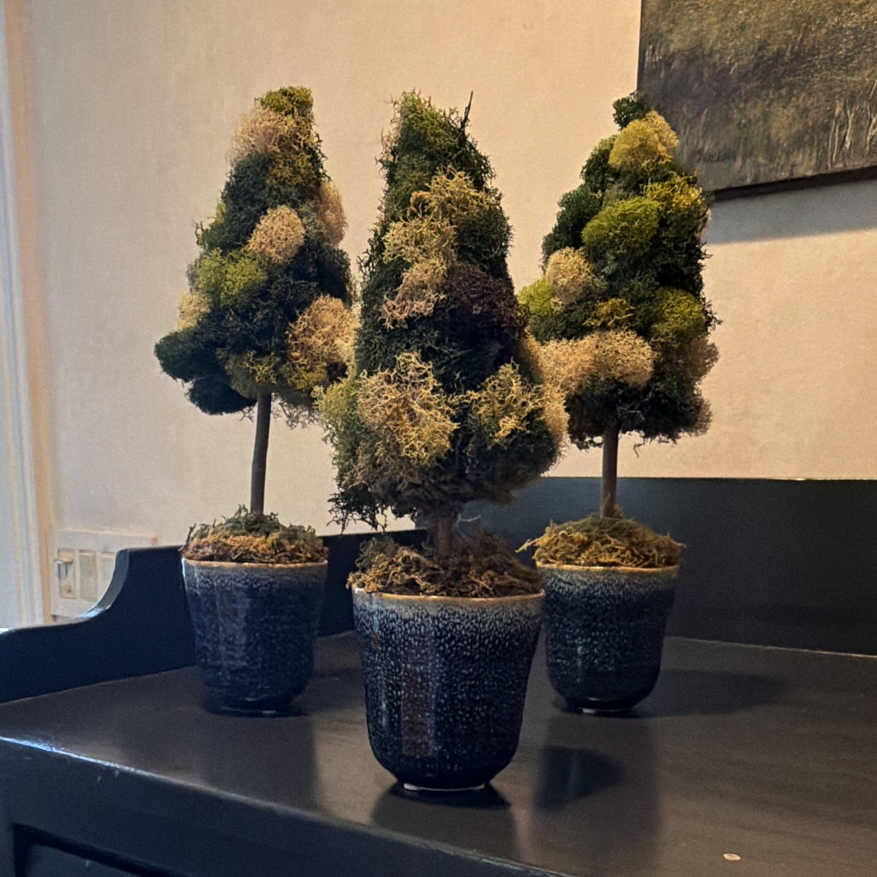 Set of 3 Artificial Moss Topiary Trees in Pots, Green/Beige Faux Topiary