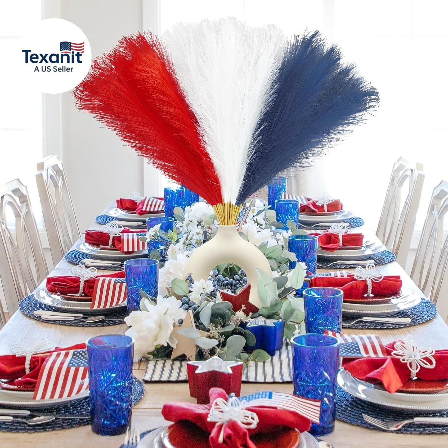30Pcs 4Th of July Decorations Faux Pampas Grass, 21.6In Red White and Blue Artif