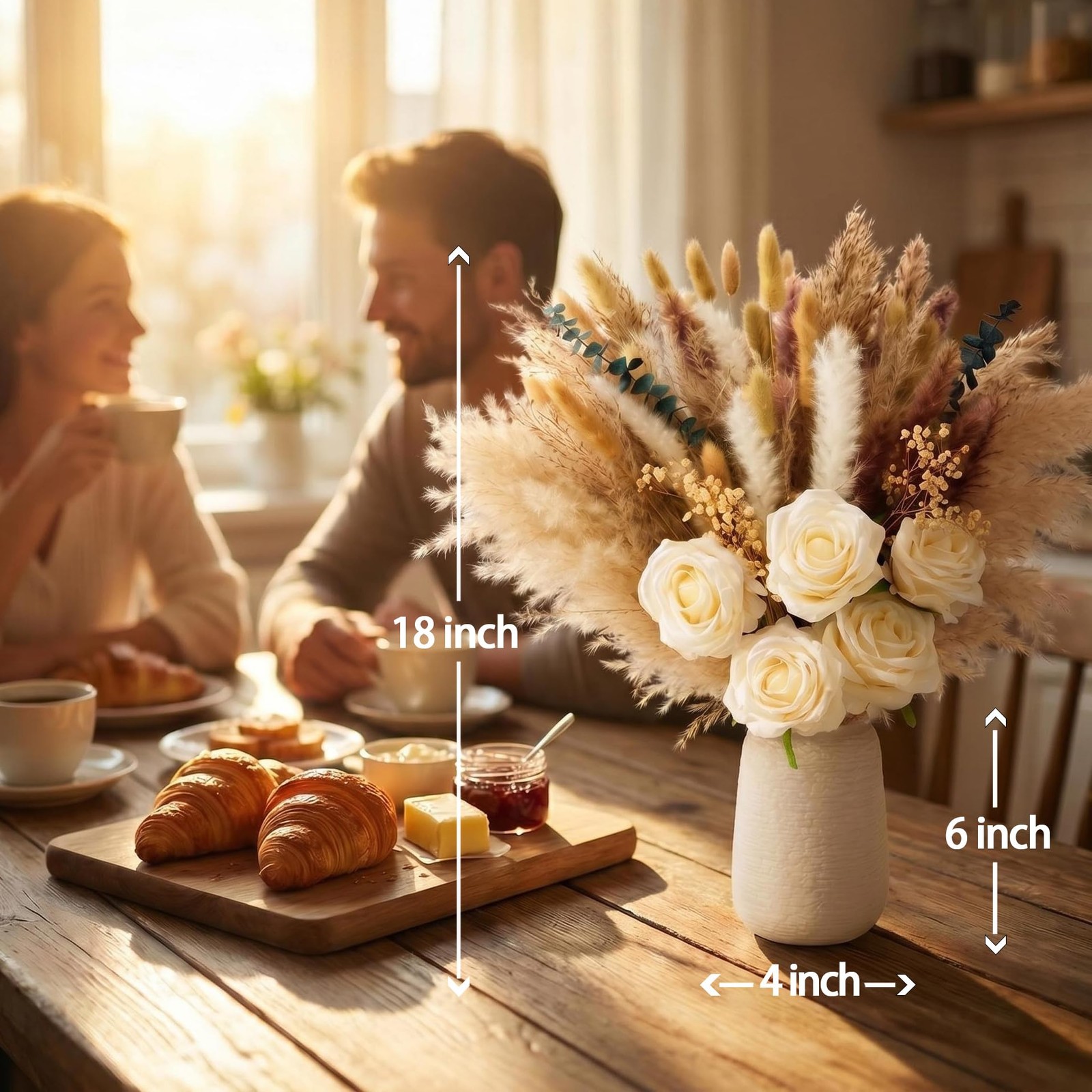100pcs Dried Pampas Grass with Vase, Includes Artificial Silk Roses, Boho Nat…