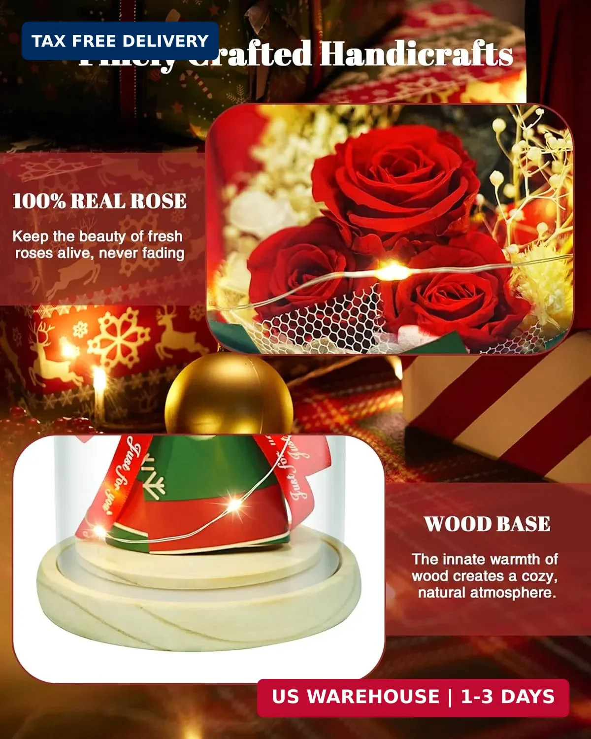 HVY Christmas Day Gifts for Women,Preserved Flowers Bouquet in Glass with LED Li
