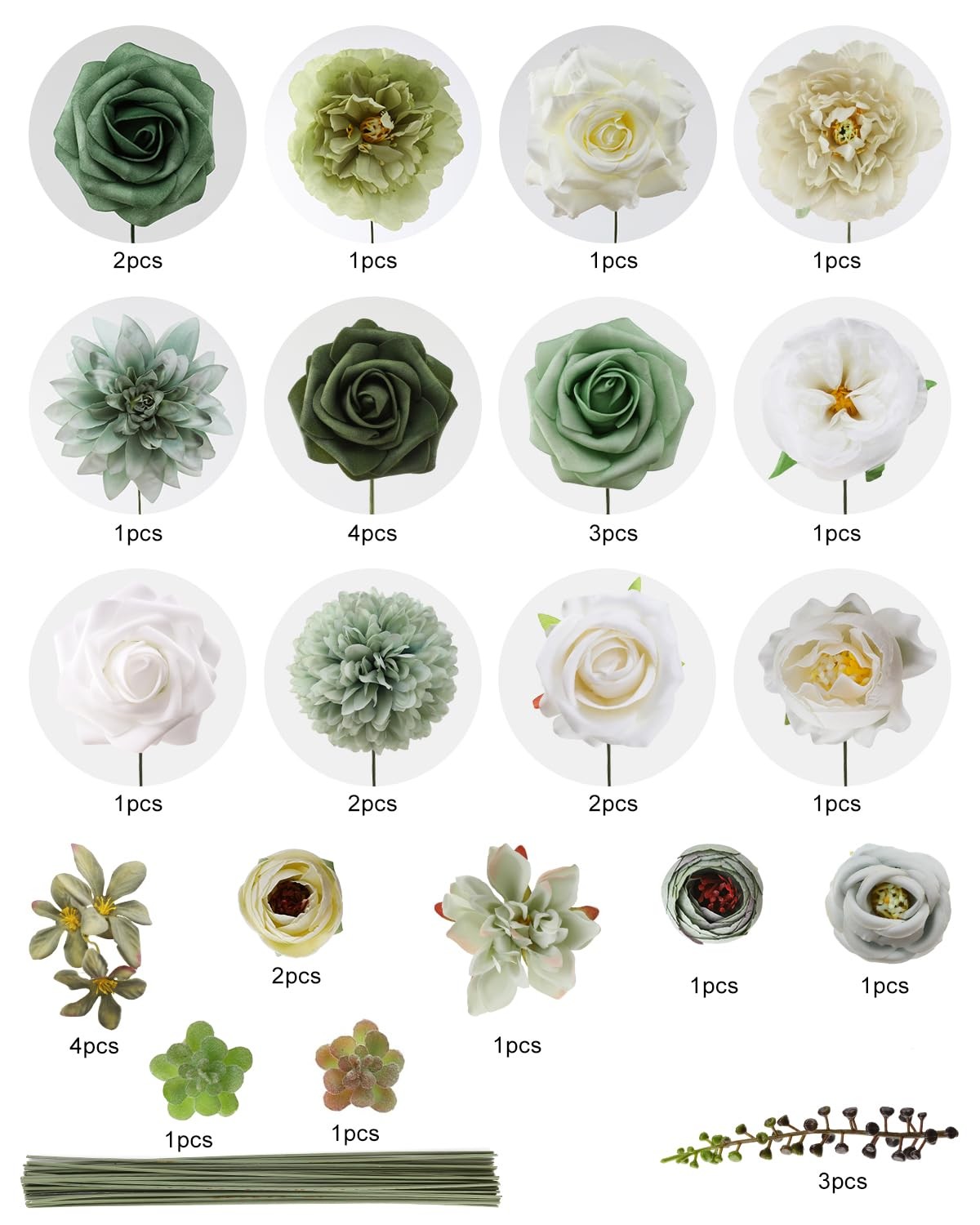 Artificial Flowers Combo Set, Green Silk Roses, Peonies, Dahlias with Stems f…