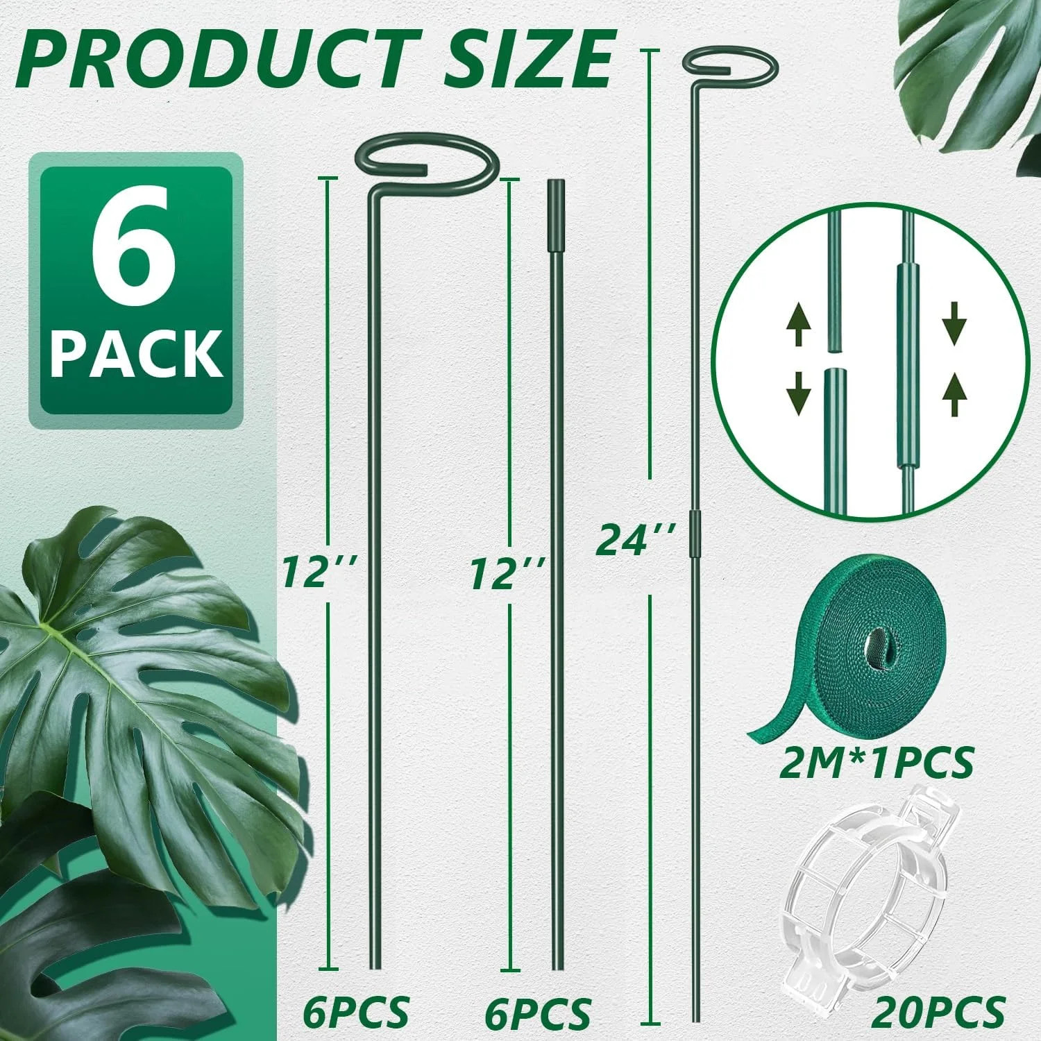 6 Pack 24 Inch Plant Support Stakes,Extendable Plant Stakes,Orchid Sticks with C