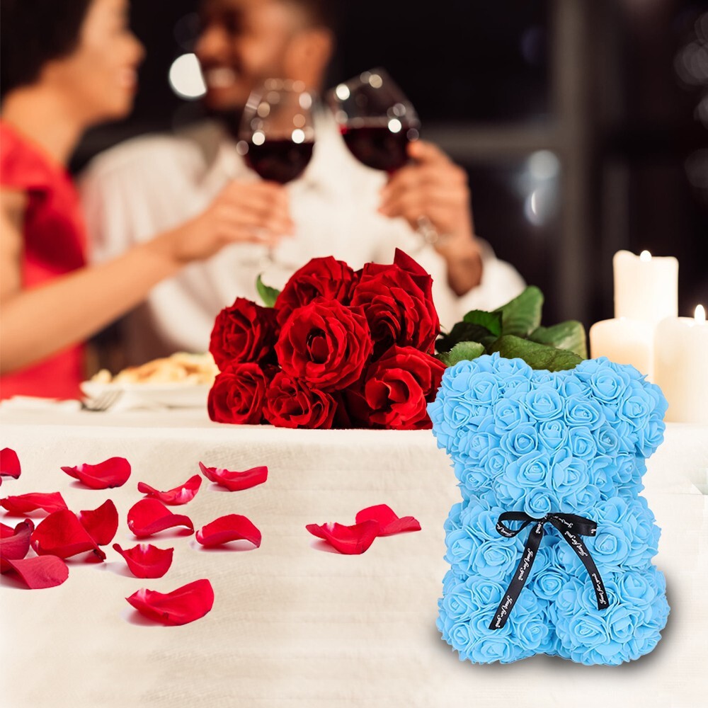 2023 Light Blue Rose Flower Teddy Bear with Gift Box -25cm Valentines & Birthday