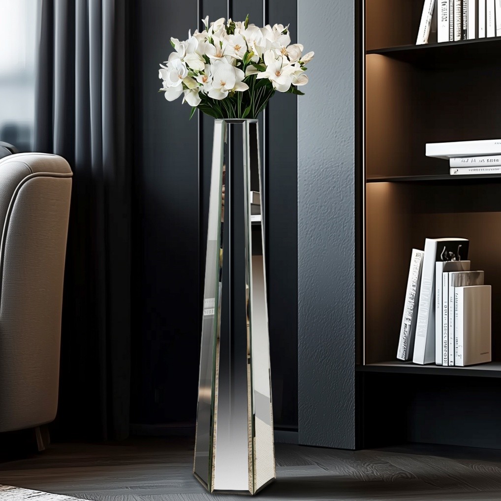 30″ Tall Mirrored Floor Vase Silver Big Vases Home Decorative for Dried Flower
