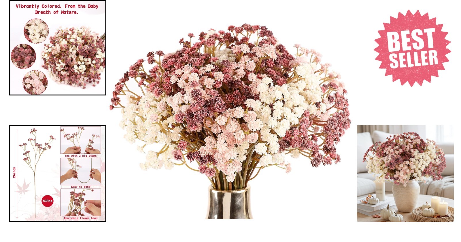 10 Pcs Real Touch Faux Baby’s Breath Flowers for Elegant Home Decor in Fall Pink
