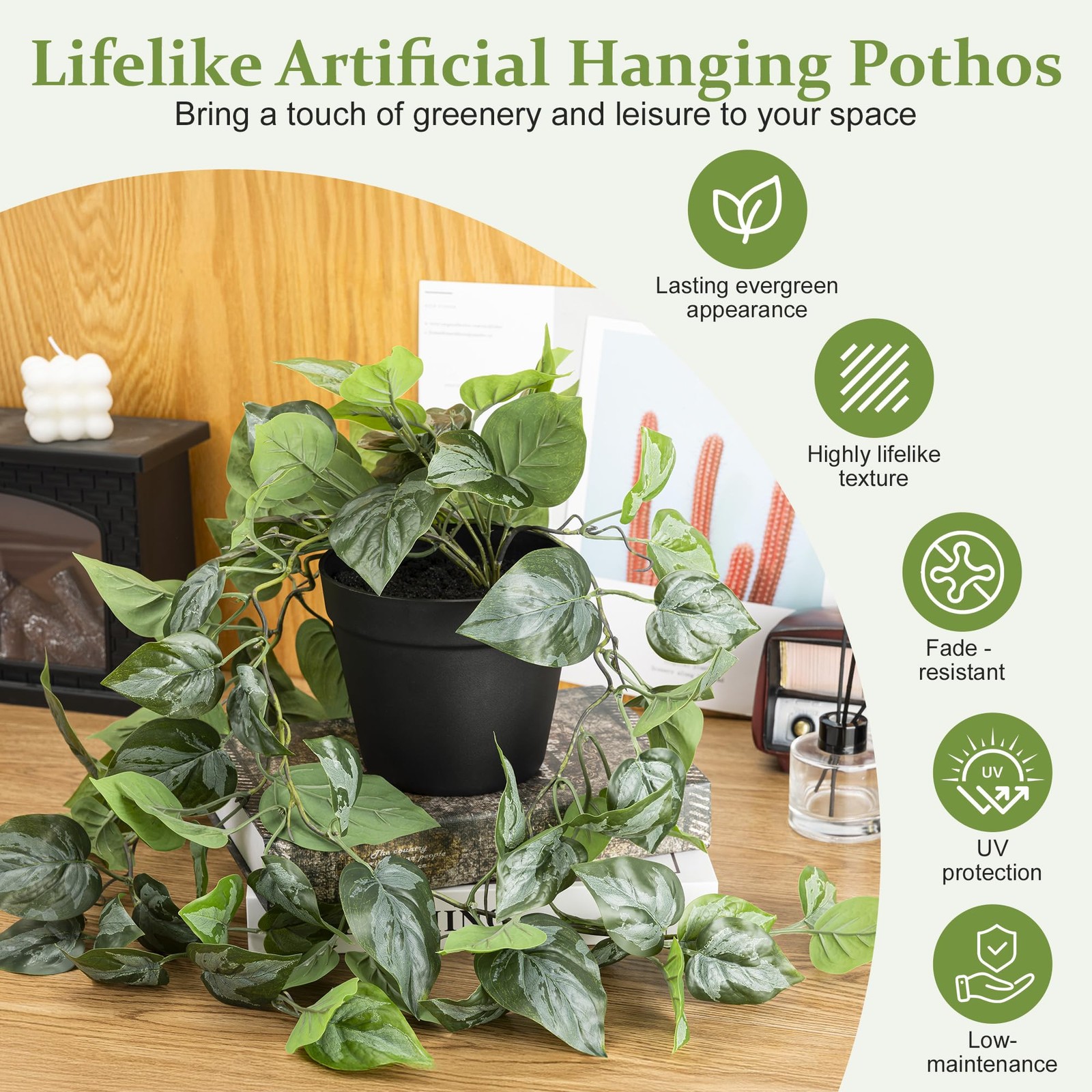 Artificial Pothos Hanging Plant, Fake Pothos with Woven Net, Realistic Faux I…