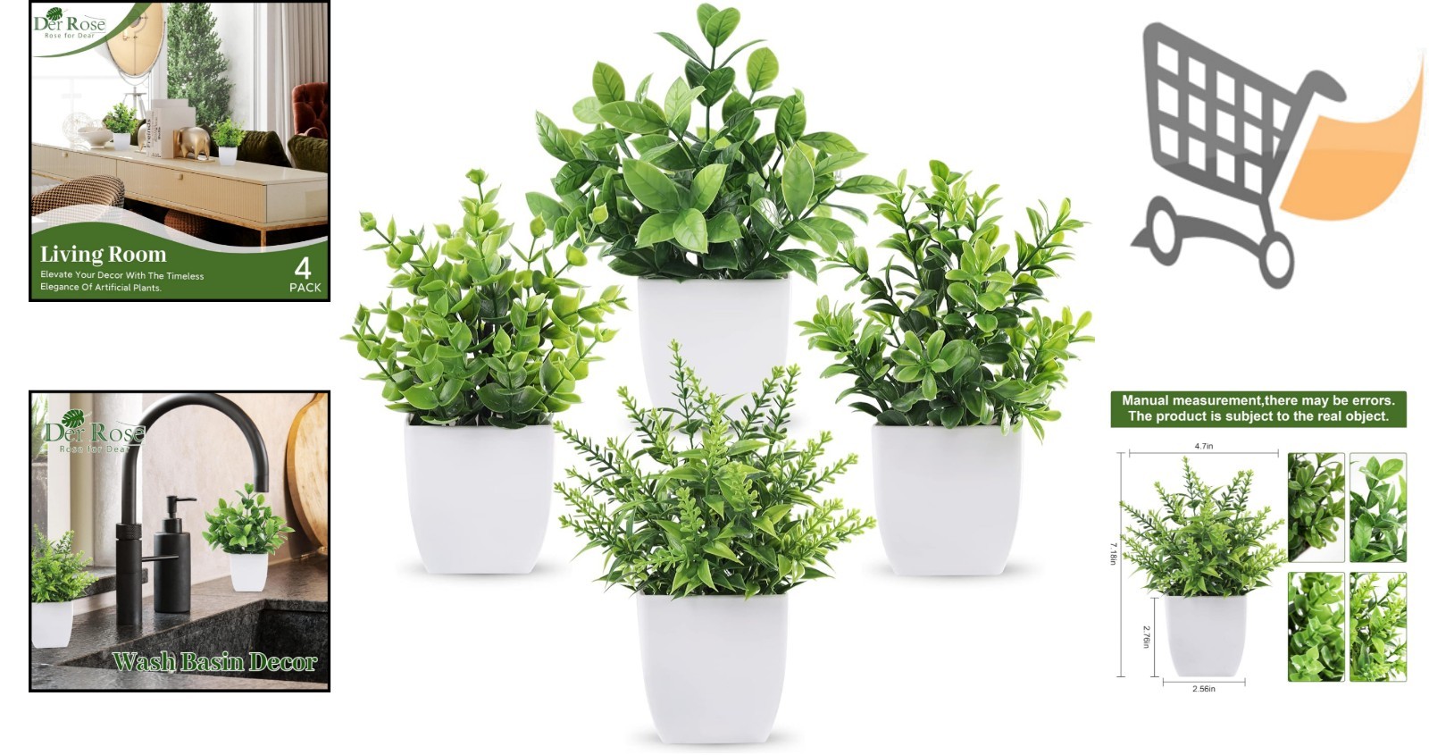 Artificial Greenery Potted Plants 4 Pack Indoor Decor Faux Plants 7 Inch